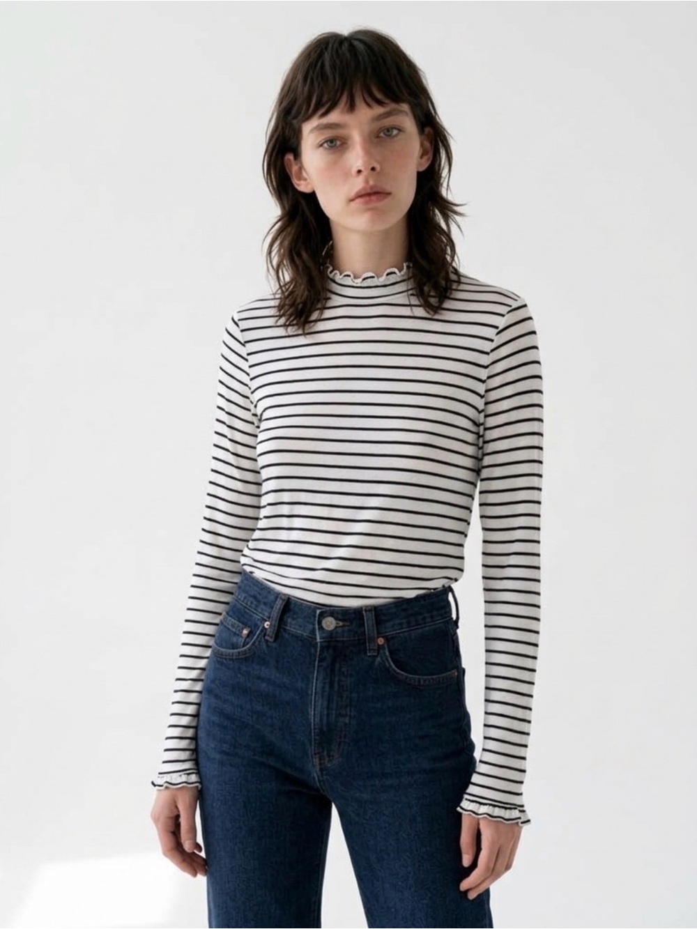 Kaileigh Black & White Striped Ruffle Mock Neck Long Sleeve Top